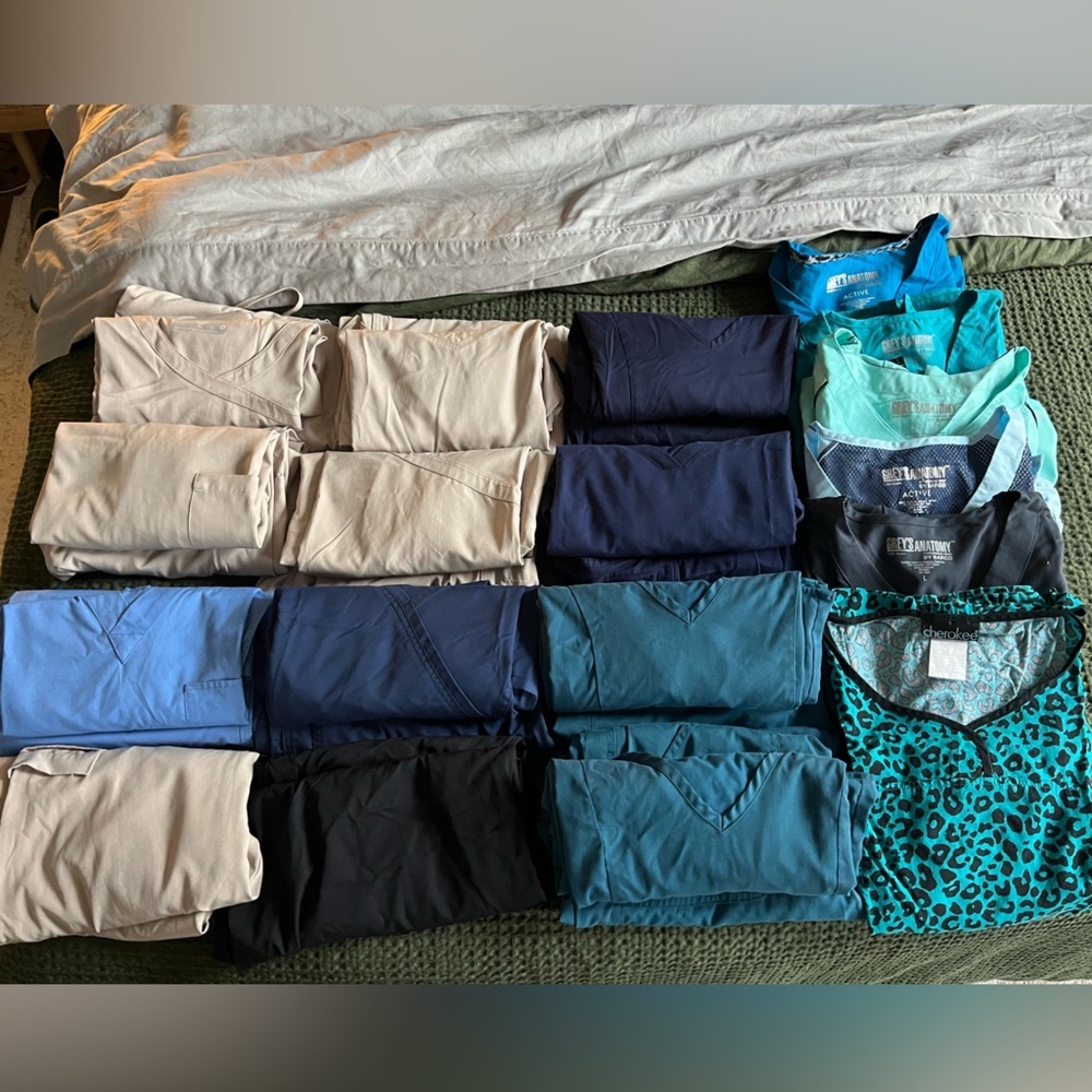 6 scrub sets, 6 shirts, 2 pants